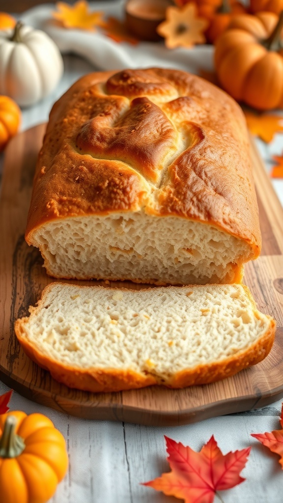 Sliced homemade bread on a wooden board with autumn decorations.